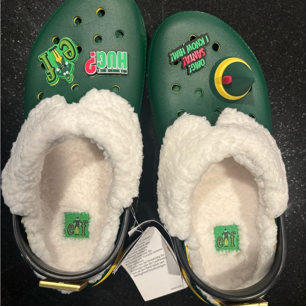 CROCS Kids Green Fuzzy-Lined Clogs with Holiday Jibbitz
